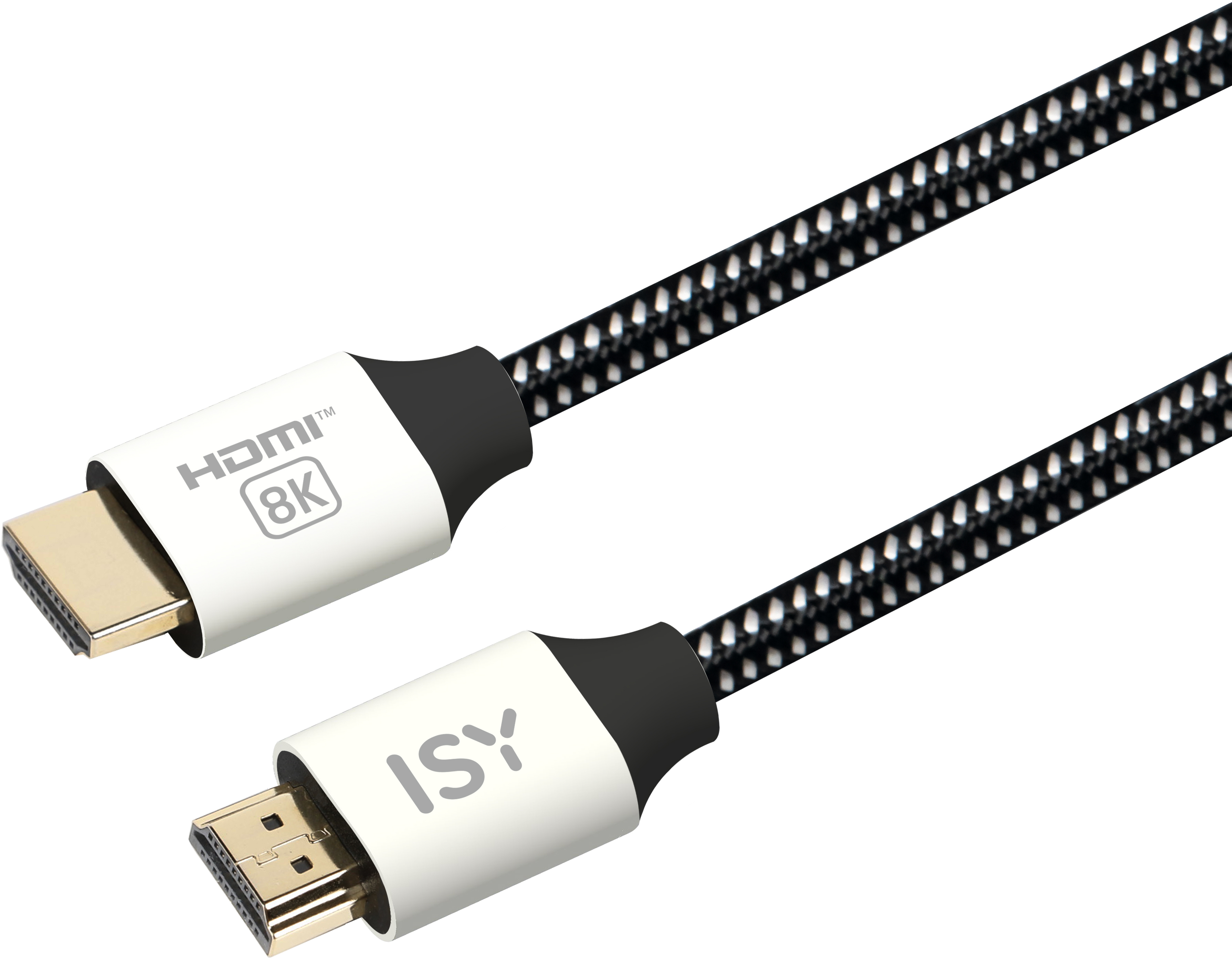 Un cavo HDMI con cavo intrecciato bianco e nero.
