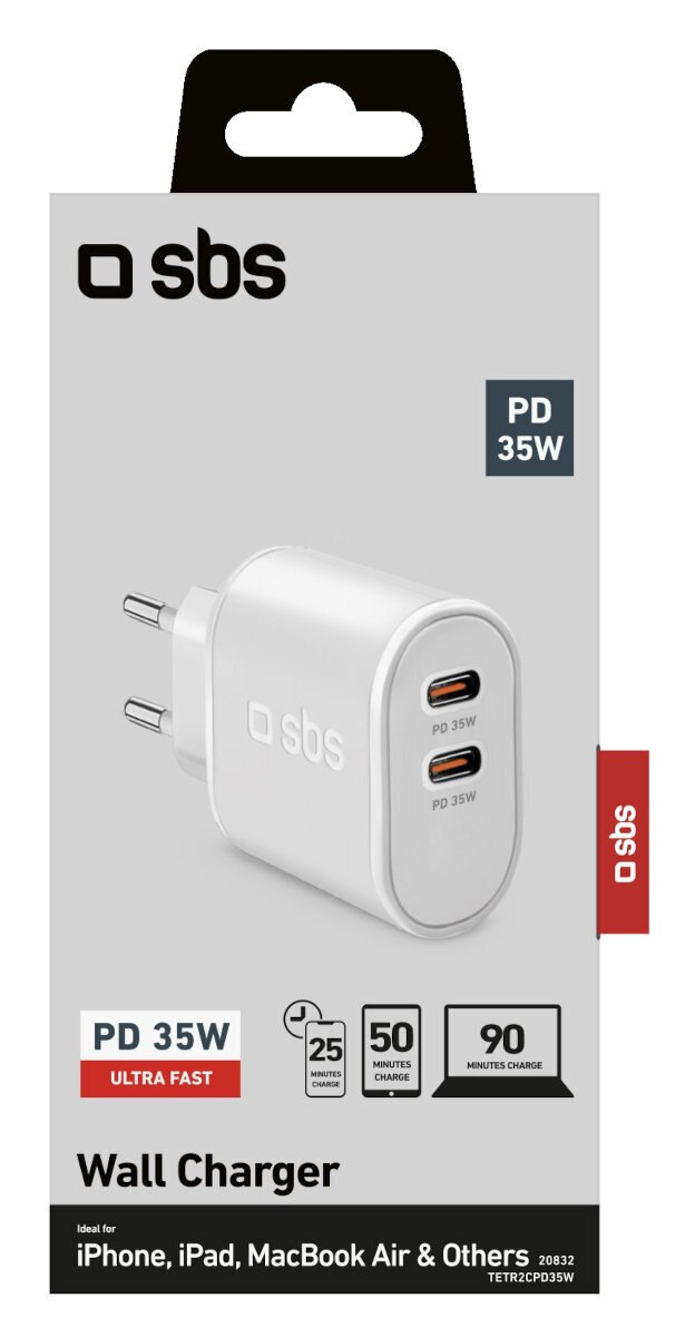 Biała ładowarka ścienna SBS z dwoma portami w pudełku, pokazująca PD 35W i czasy ładowania.