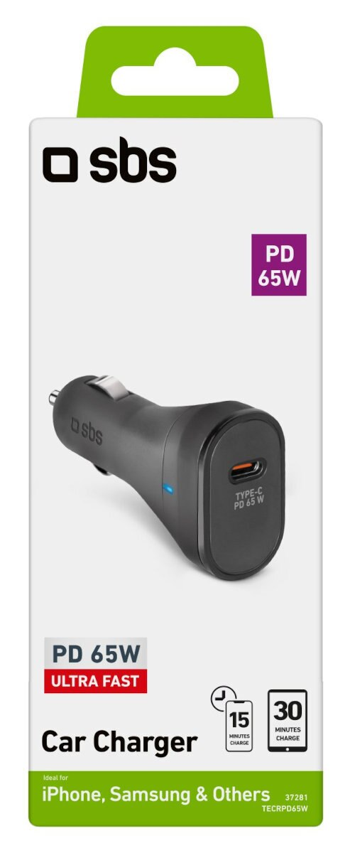 Czarna ładowarka samochodowa w pudełku. Na pudełku marka sbs i PD 65W.