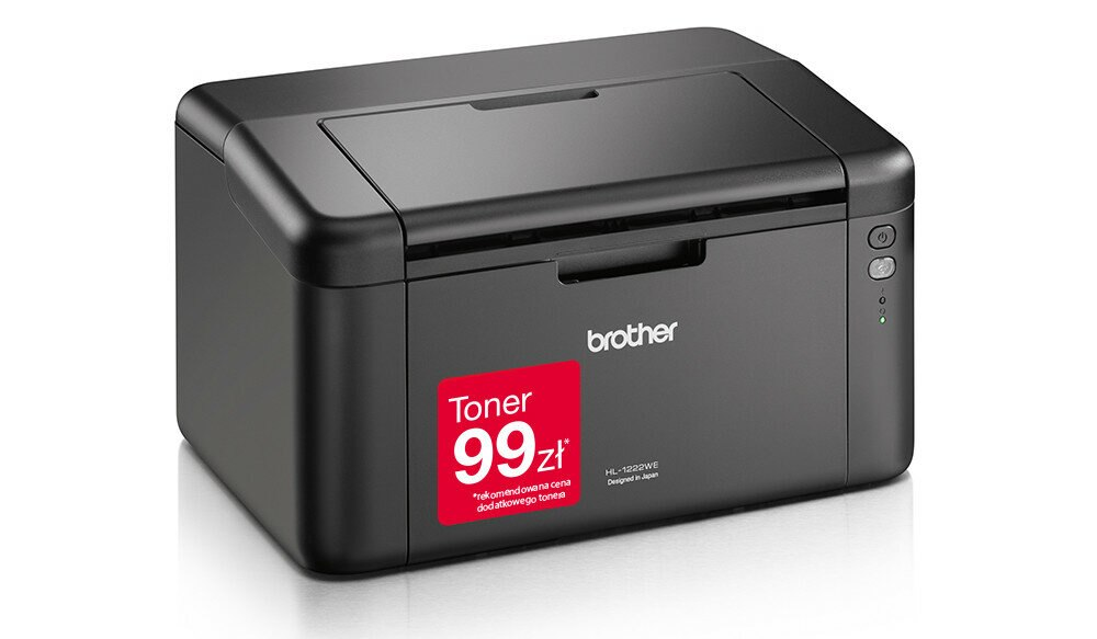 Czarna drukarka Brother z czerwoną etykietą z napisem 99 zł. Ma przycisk zasilania i zielone światło.