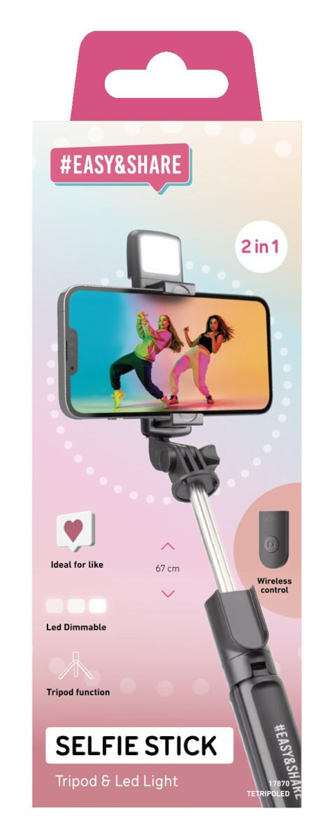 Kij do selfie z dołączonym telefonem. Ma światło i bezprzewodowe sterowanie. Opakowanie pokazuje telefon z tańcem.
