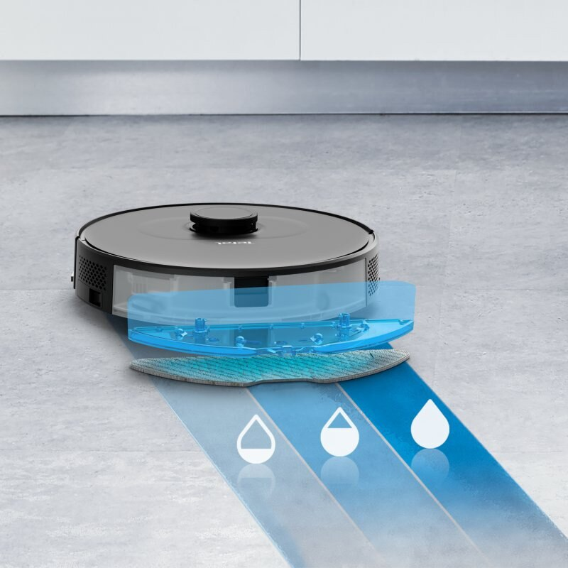 Czarny robot sprzątający z niebieską nakładką czyszczącą i ikonami kropli wody.