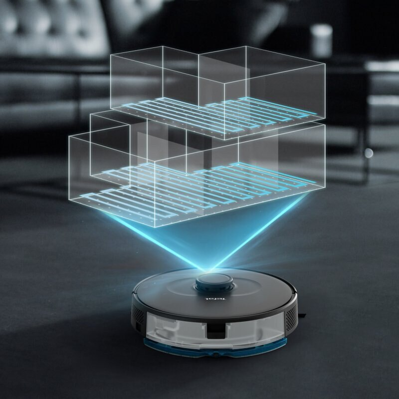 Robot odkurzający z podświetlanym diagramem nad nim, pokazującym warstwy podłogi.