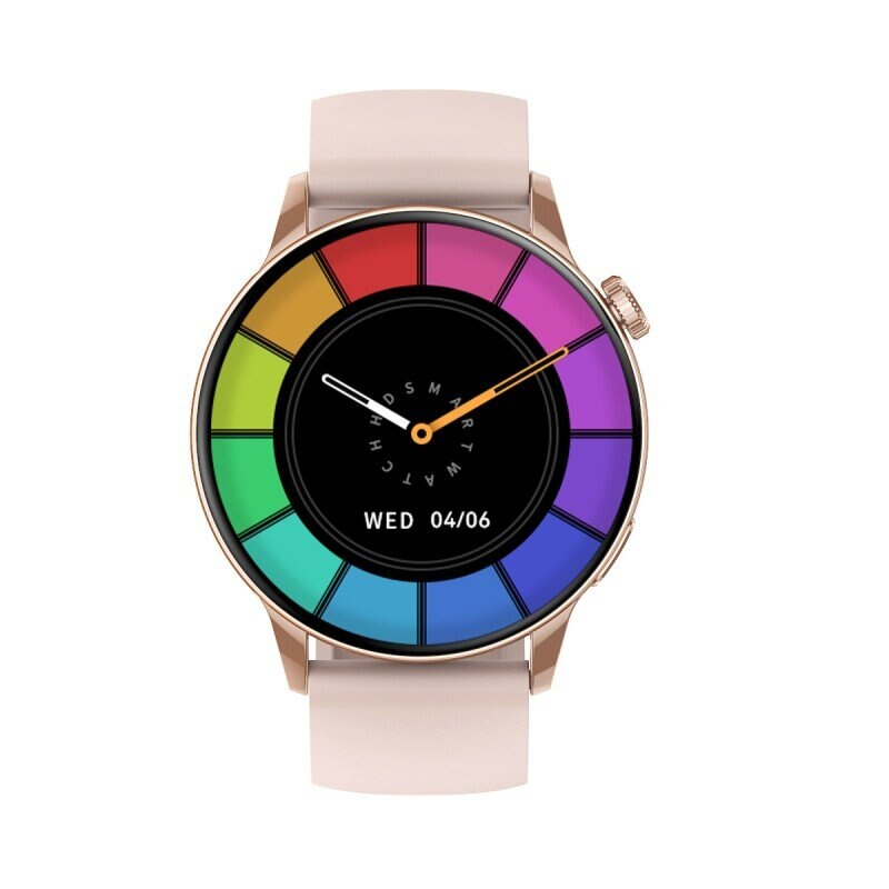 Smartwatch z okrągłą tarczą. Tarcza ma kolorowe segmenty i wyświetla godzinę i datę.