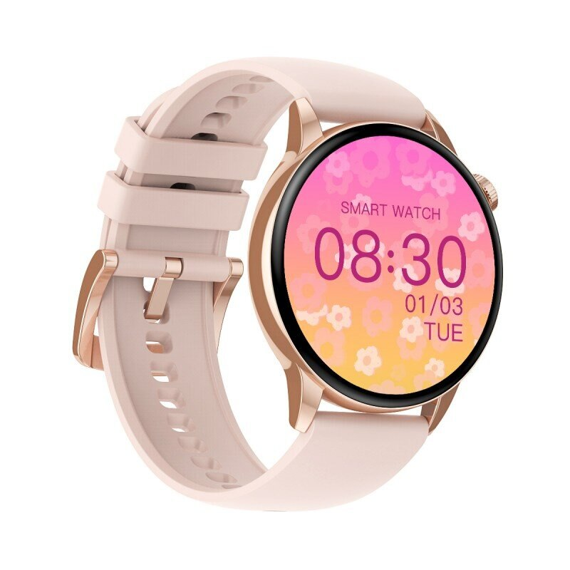 Okrągły smartwatch z różowym paskiem wyświetla datę i godzinę.