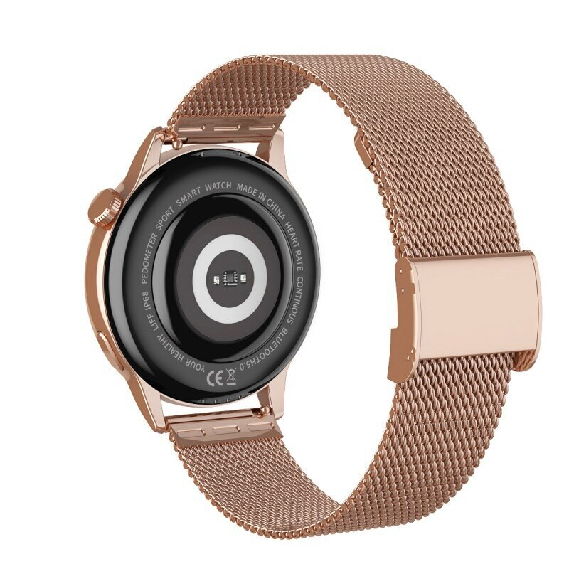 Smartwatch w kolorze różowego złota z siateczkowym paskiem, pokazujący tył z czujnikami.