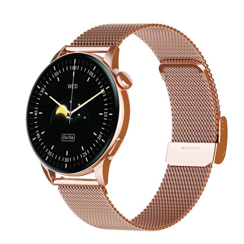 Zegarek Smartwatch w kolorze różowego złota z siatkowym paskiem, pokazujący tarczę z fazą księżyca.