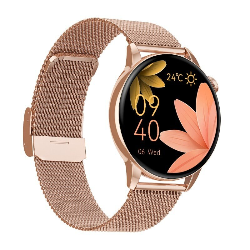 Różowe złoto smartwatch z okrągłą tarczą wyświetlającą godzinę i kwiatowy wzór.