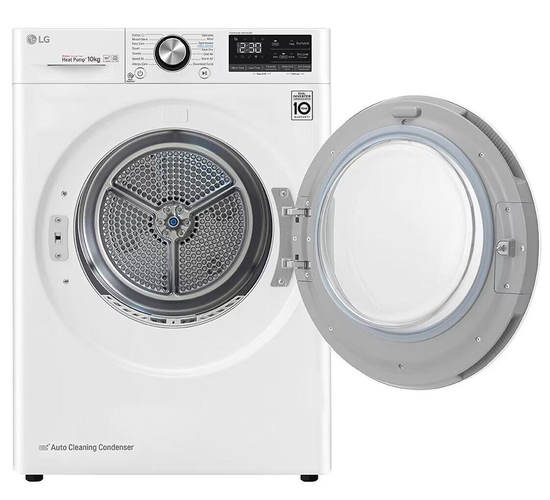 Biała suszarka LG z otwartymi drzwiami. Drzwi są szare, odsłaniając bęben ze stali nierdzewnej. Suszarka stoi na białym tle.