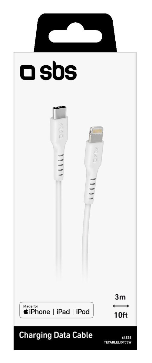 Biały kabel do ładowania z wtykami USB-C i Lightning, oznaczony 'sbs'.