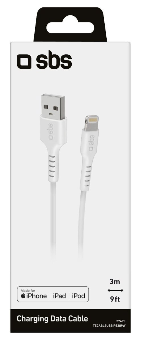 Biały kabel ładujący z USB i złączem Lightning, w białym pudełku z czarnym tekstem.