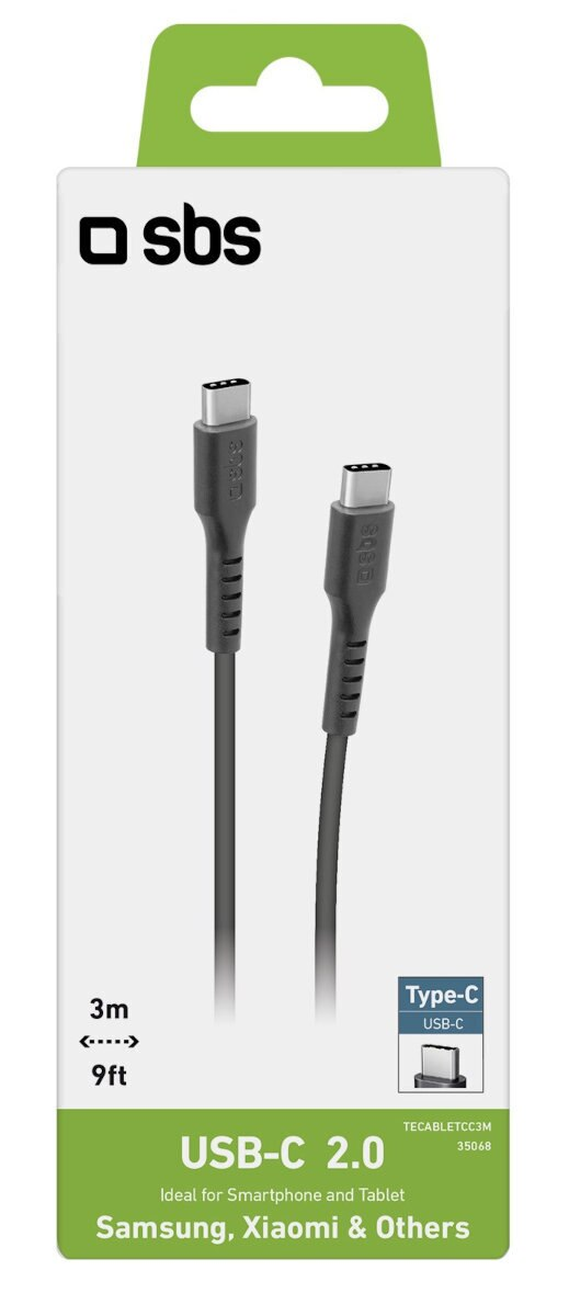 Czarny kabel USB-C w pudełku. Pudełko jest białe z czarnym tekstem i zielonym akcentem.