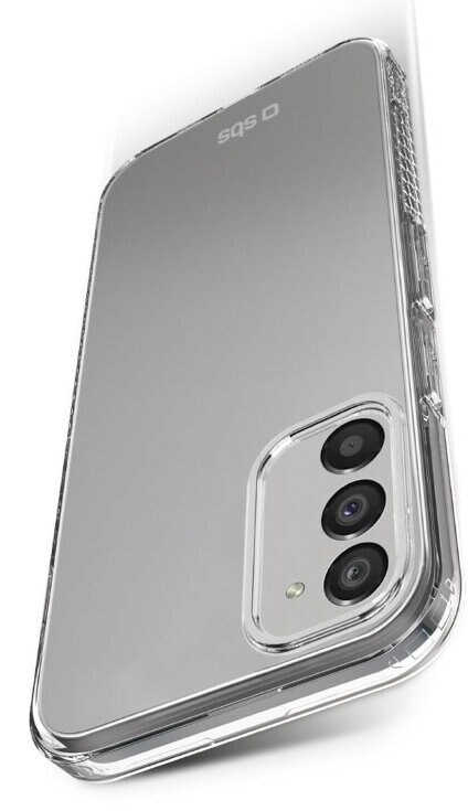 Przezroczyste etui na telefon z trzema aparatami. Etui jest przezroczyste i ma logo.