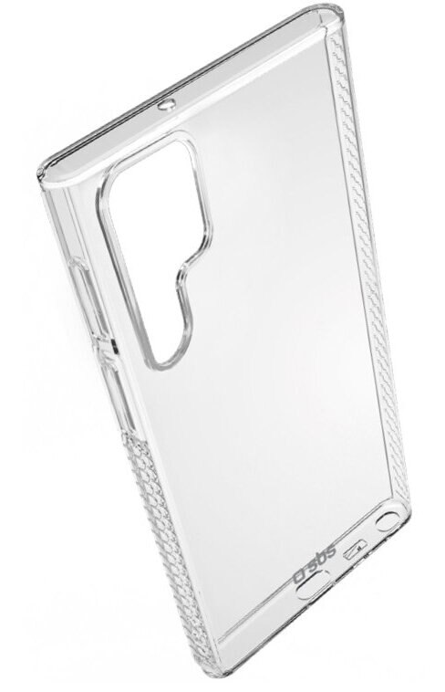 Przezroczyste etui na telefon z wycięciem na aparat, ustawione pod kątem, na białym tle.