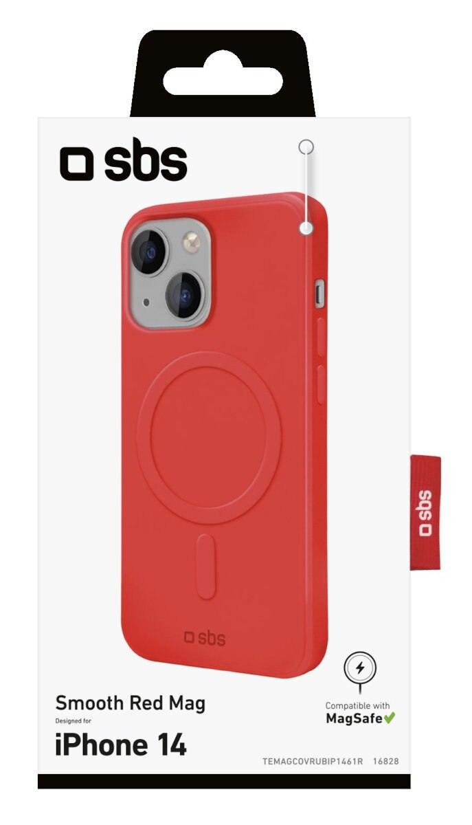 Czerwone etui na iPhone 14 w pudełku. Etui ma okrągły design MagSafe.