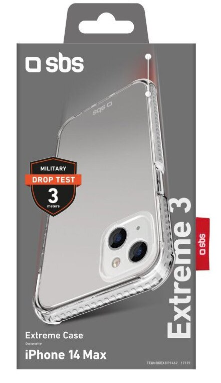 Opakowanie etui na telefon. Przezroczyste etui na iPhone 14 Max. Tekst: Extreme Case, Designed for iPhone 14 Max.