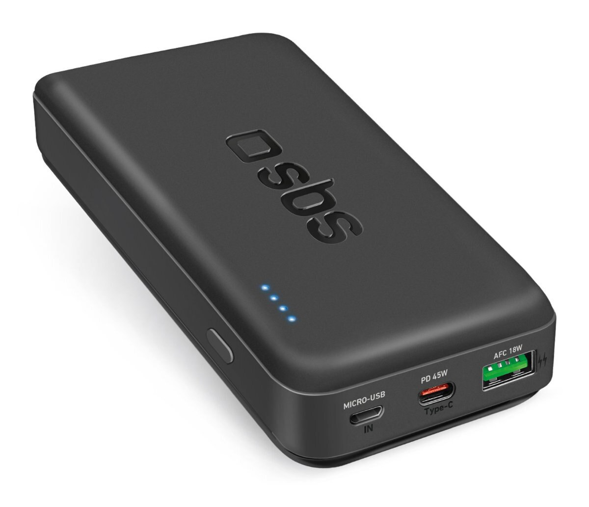 Czarny power bank z logo SBS. Posiada porty ładowania i wskaźnik LED.