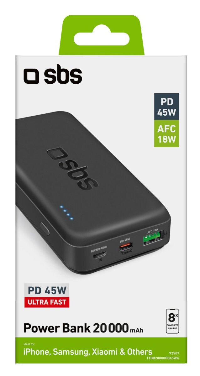Czarne pudełko power banku, marki 'sbs', ze szczegółami ładowania. Widnieje napis 'PD 45W Ultra Fast'.