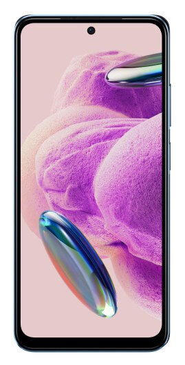 Smartfon z niebieską ramką i ekranem pokazującym abstrakcyjne lawendowe i niebieskie kształty.