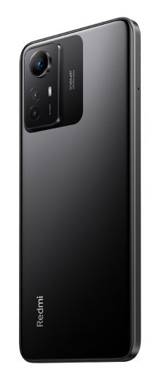 Czarny smartfon z wypukłością aparatu, widok z boku.