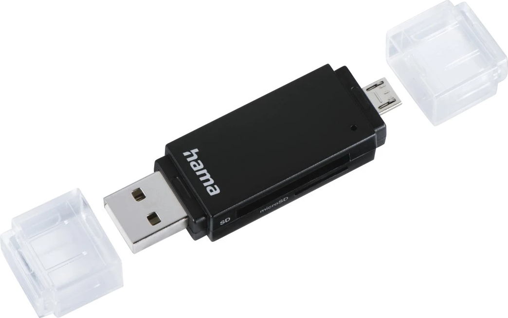 Ein schwarzes Hama USB-Kartenlesegerät mit SD- und microSD-Steckplätzen, mit abgenommenen Schutzkappen.
