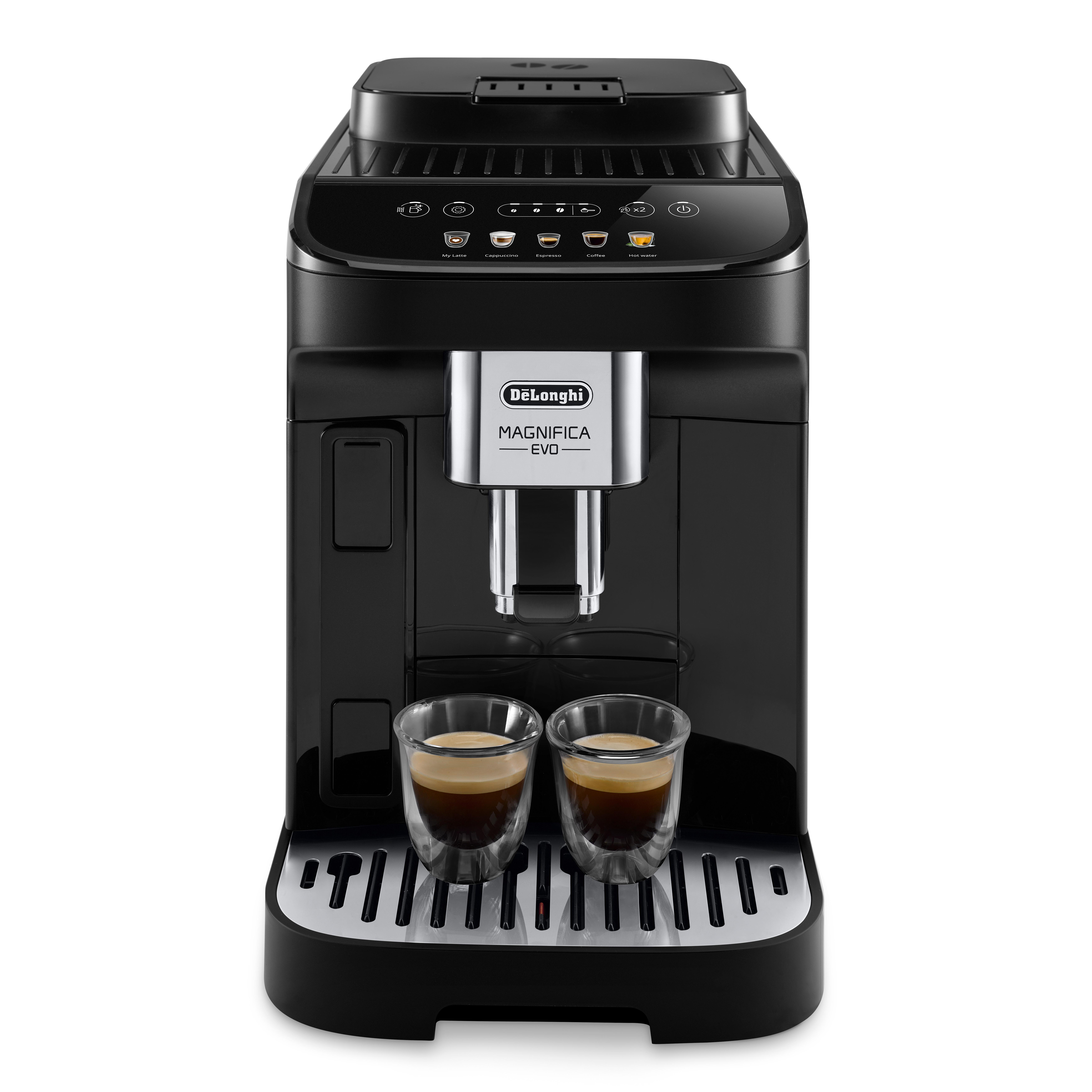 Schwarze Delonghi Magnifica Evo Kaffeemaschine mit Espressotassen.