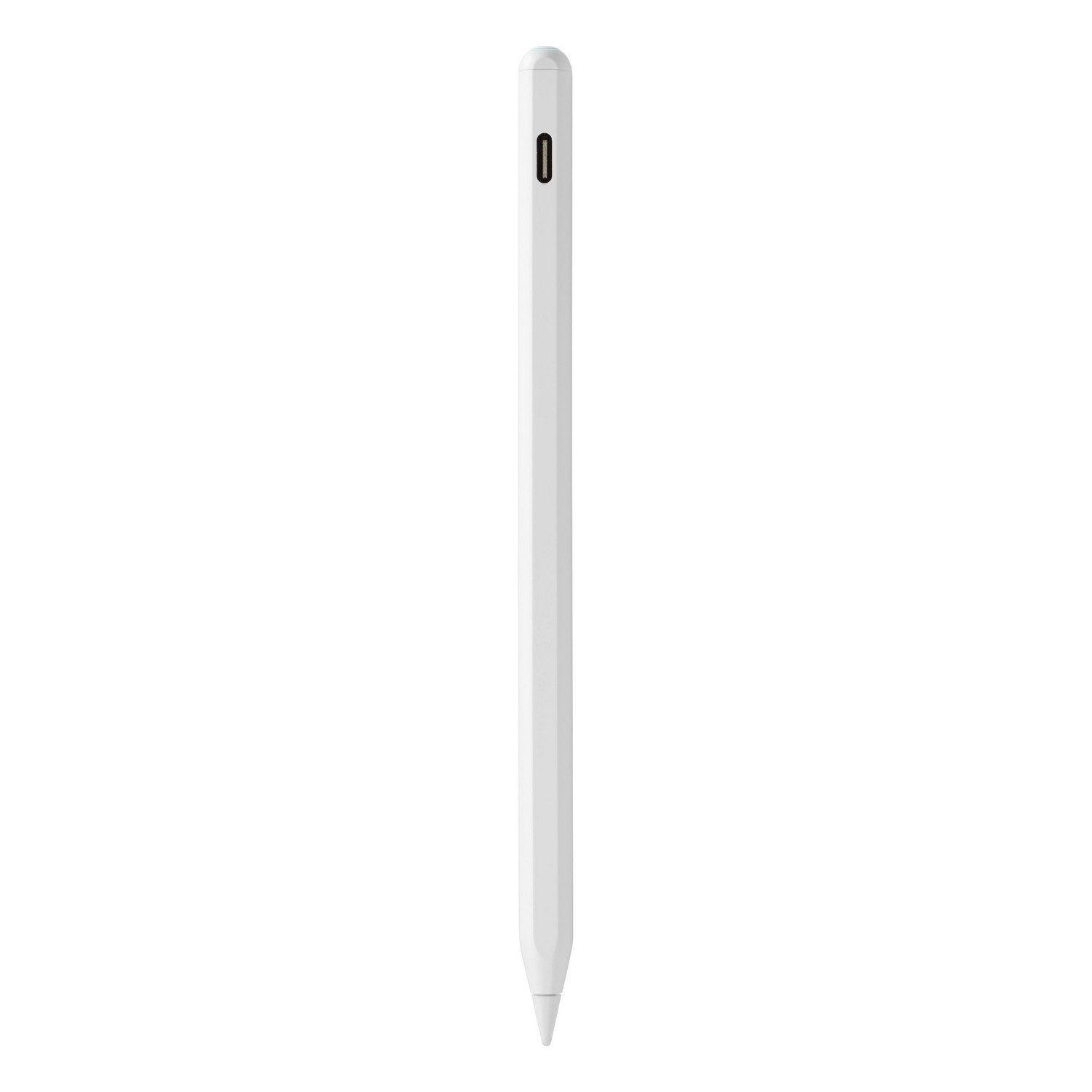 Un Apple Pencil blanc est montré. C'est un long stylet avec un port de charge noir en haut.
