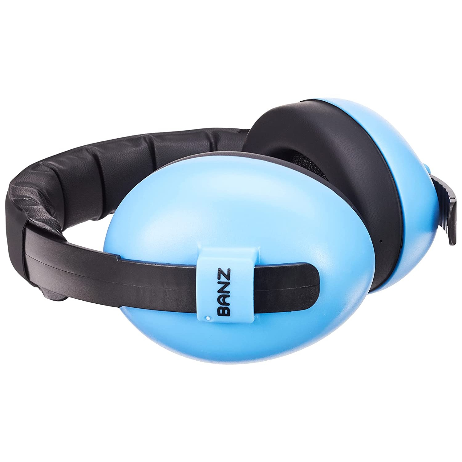 Blauwe gehoorbeschermingshoofdtelefoon, zwarte hoofdband, witte achtergrond.