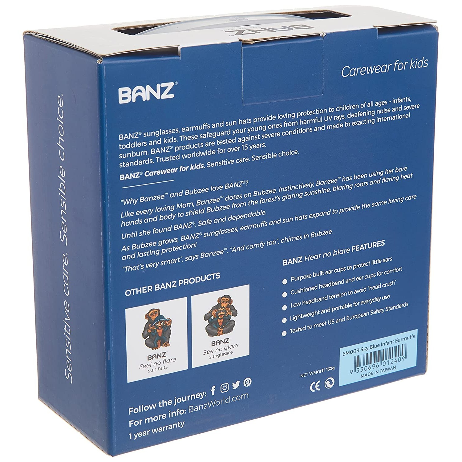 Blauwe doos met tekst voor Banz oorbeschermers. De achterkant toont productinfo en afbeeldingen.