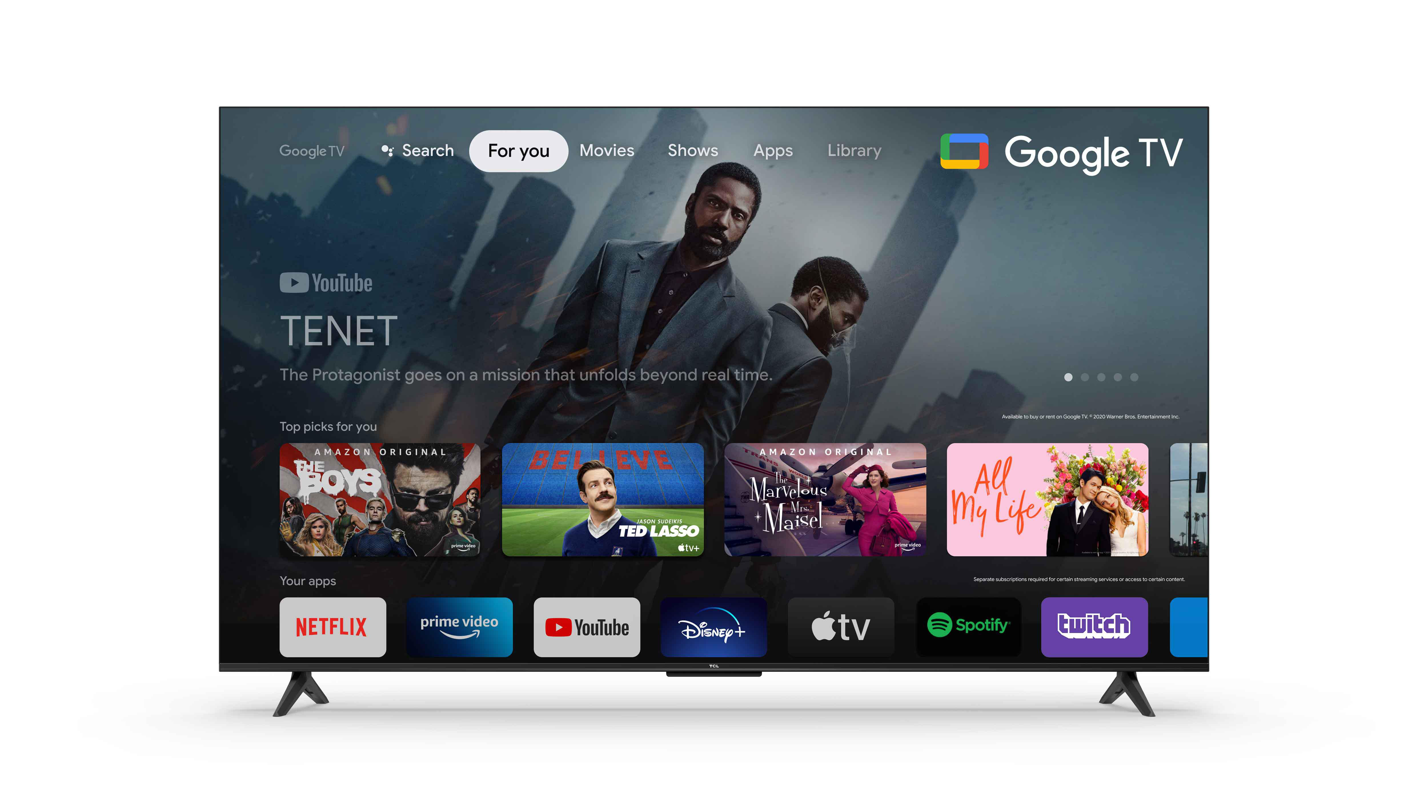 TV-Bildschirm mit Apps und Filmplakaten, Google TV Logo.