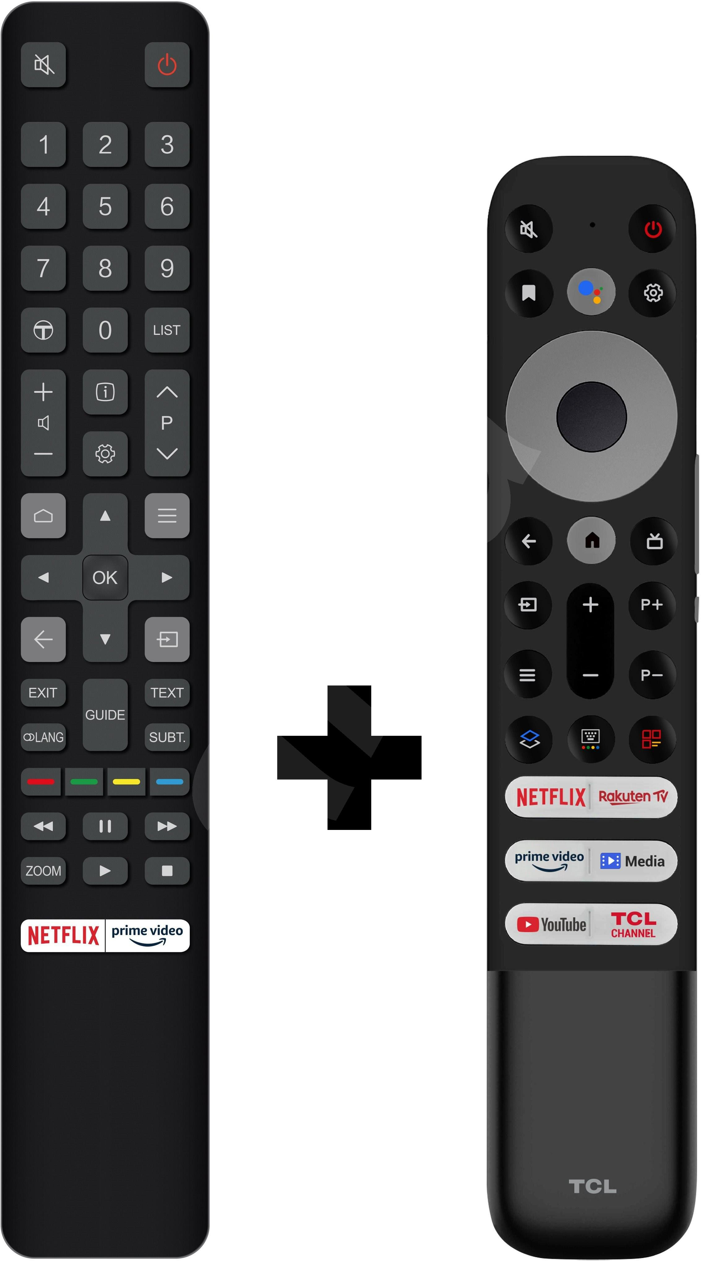 Zwei schwarze TV-Fernbedienungen. Eine ist länger mit mehr Knöpfen, die andere kürzer.