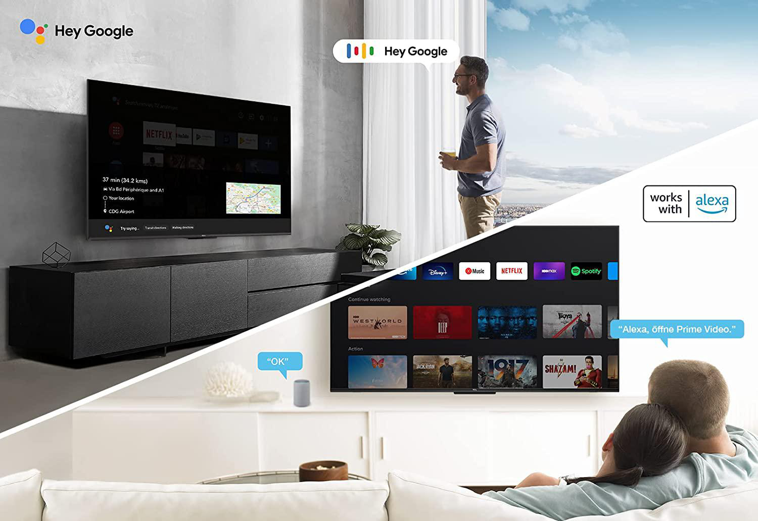 Personen, die Smart-TV nutzen, mit Hey Google und Alexa-Integration.