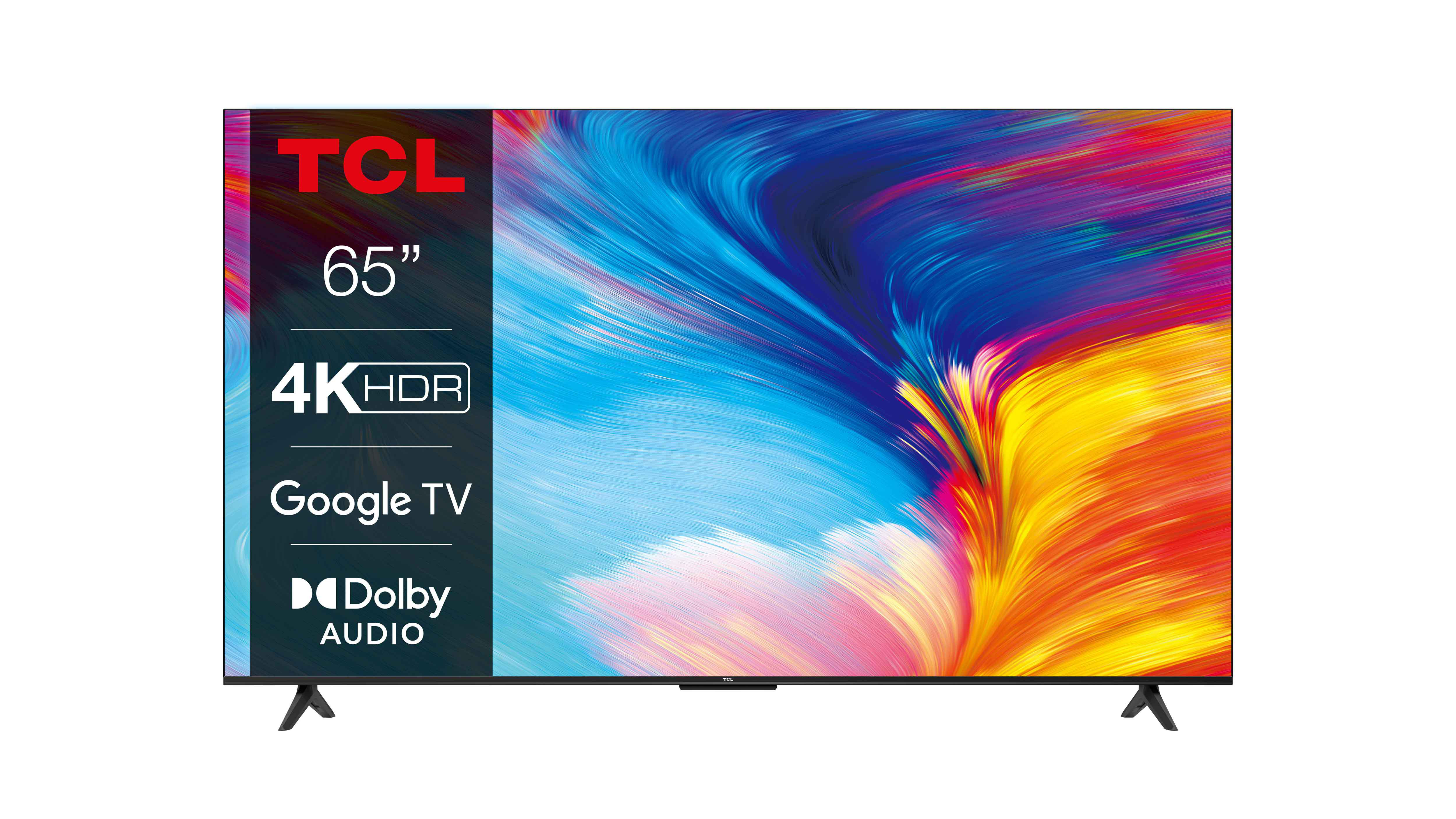 TCL 65" TV mit 4K HDR, Google TV und Dolby Audio. Merkmale auf einem schwarzen Rahmen.