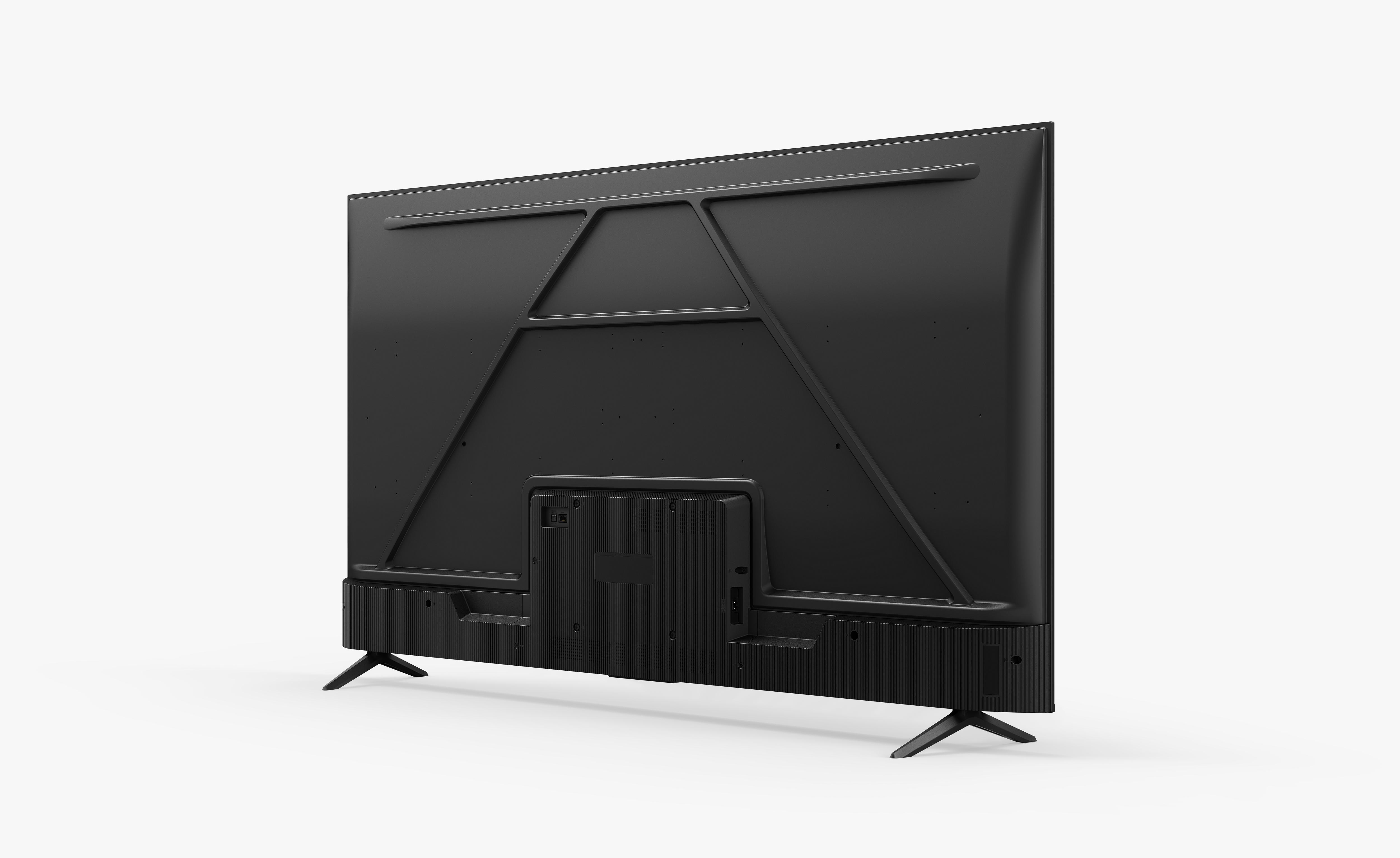 Rückansicht eines schwarzen Fernsehers, steht auf Füßen.