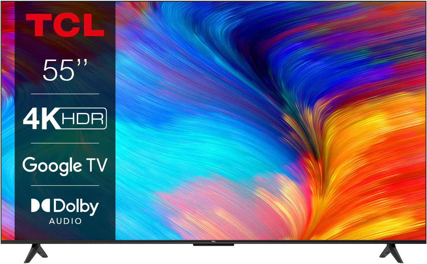 TCL 55-Zoll-Fernseher mit farbenfroher abstrakter Kunst, mit Dolby Audio und Google TV.