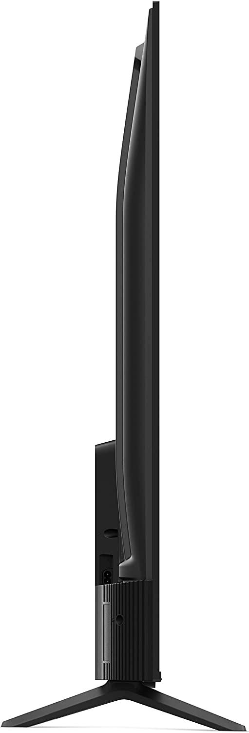 Seitenansicht eines schwarzen Fernsehers auf einem Ständer. Dünnes Profil.
