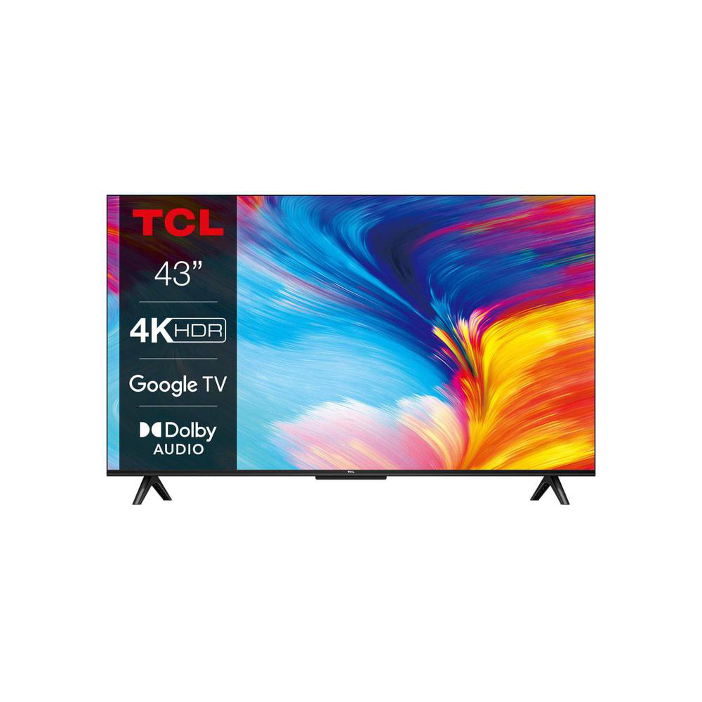 TCL 43" TV mit 4K HDR und Google TV, vor weißem Hintergrund.