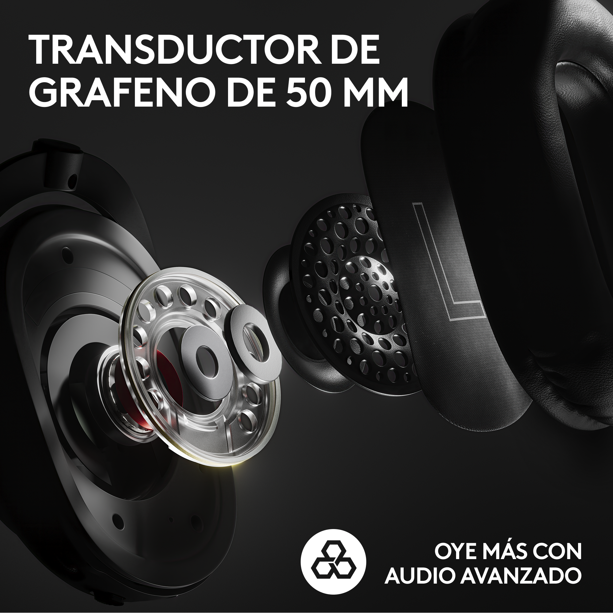 Diagrama de partes de auriculares, texto: "Transductor de grafeno 50mm".