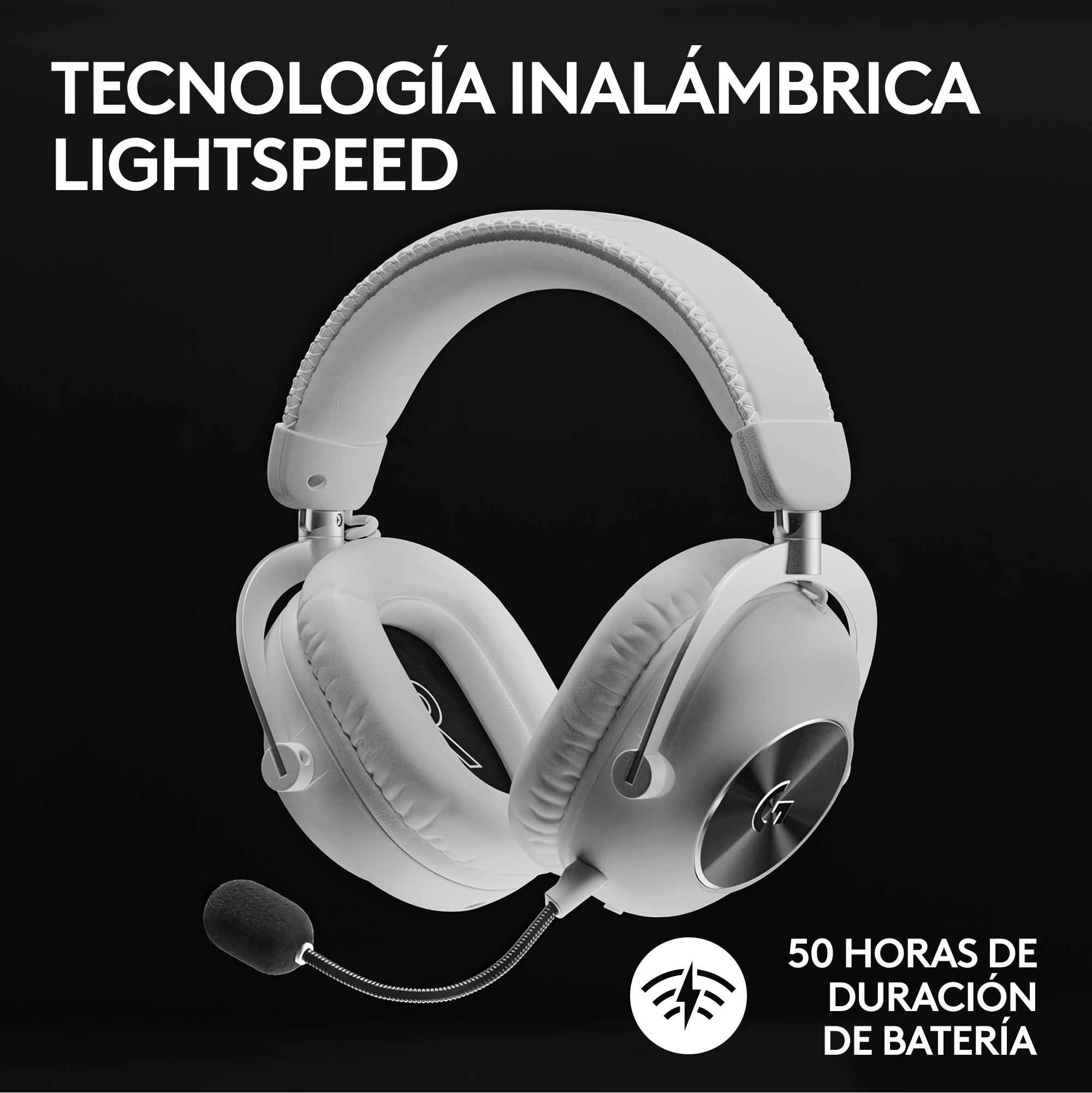 Auriculares inalámbricos blancos con micrófono. Texto: 'LIGHTSPEED' y '50 HORAS BATERÍA'.
