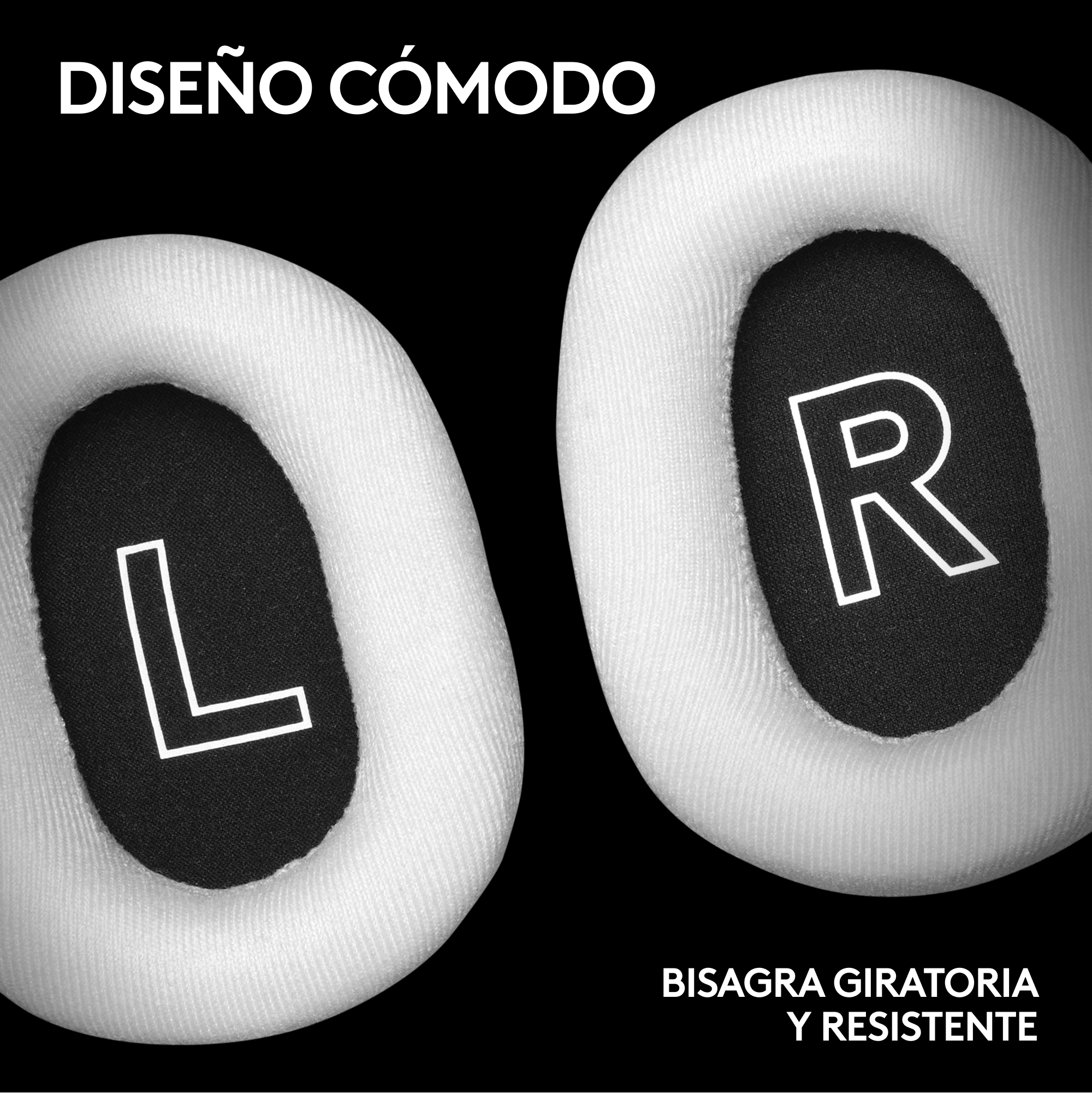Primer plano de almohadillas blancas para auriculares. 'L' y 'R' son visibles.