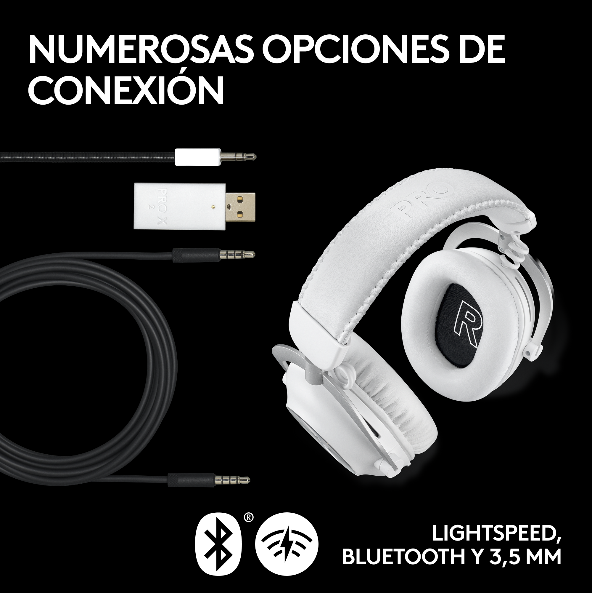 Auriculares blancos y cables de conexión. Los auriculares tienen una estructura blanca y copas negras. Cables incluidos.