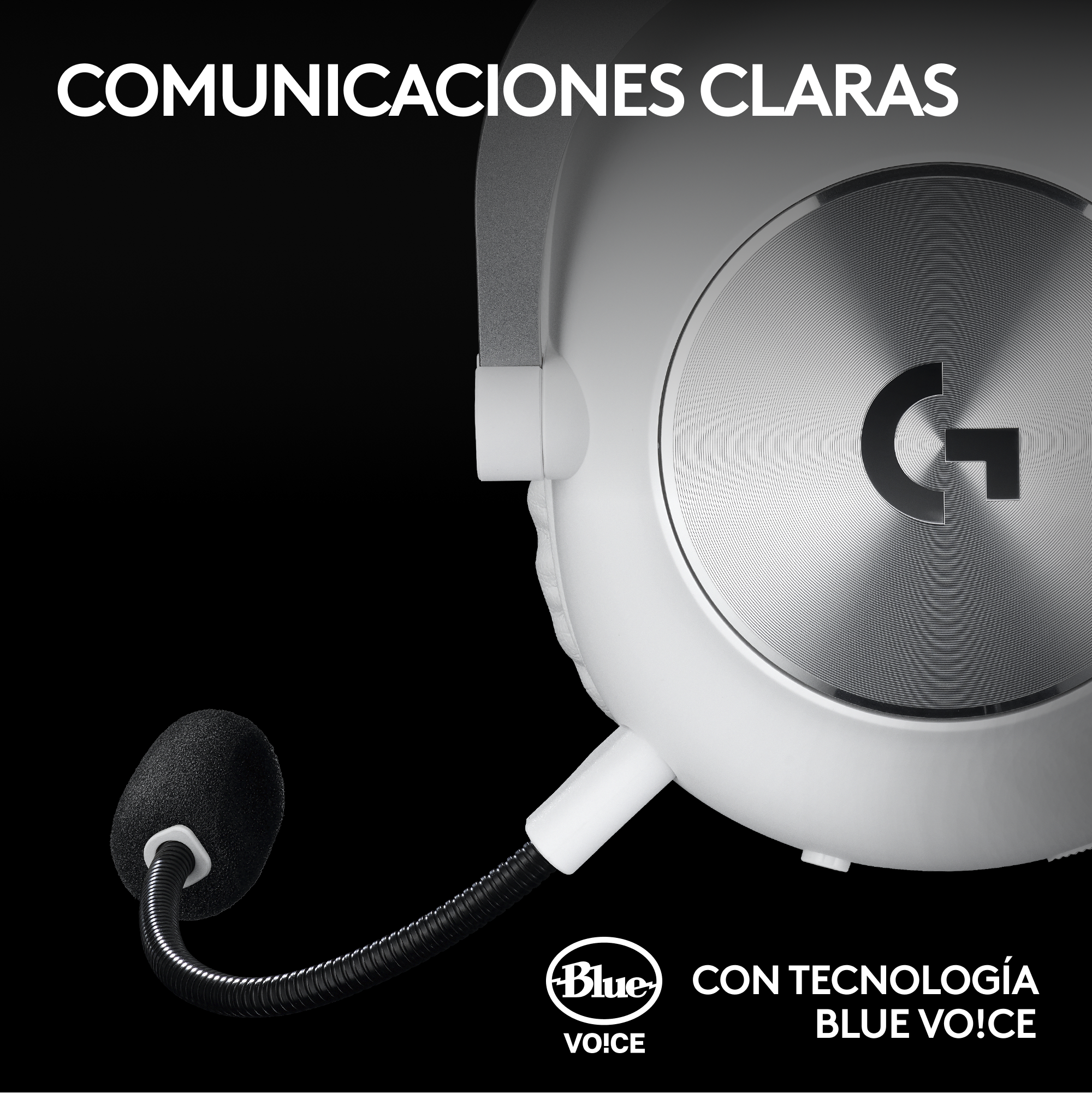 Auriculares gaming blancos y plateados con micrófono, sobre fondo negro. Logo Blue Vo!ce.