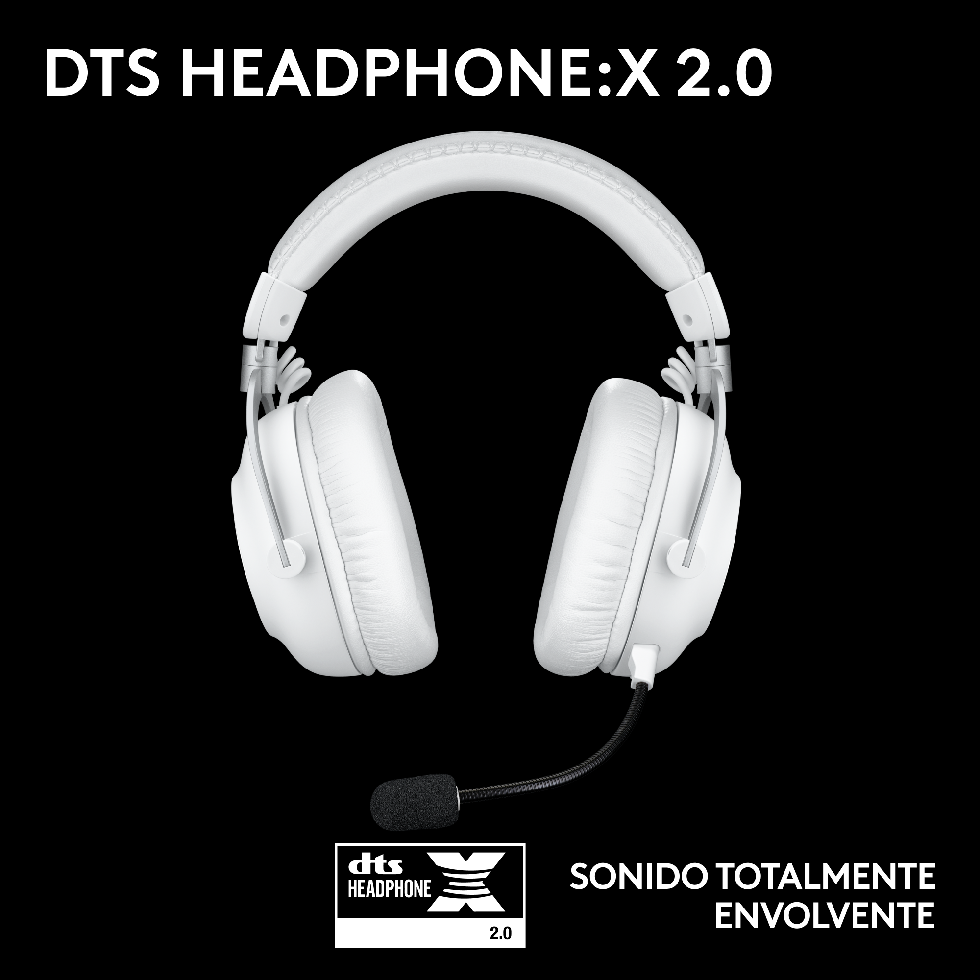 Auriculares blancos con micrófono sobre fondo negro. Texto: DTS HEADPHONE:X 2.0.