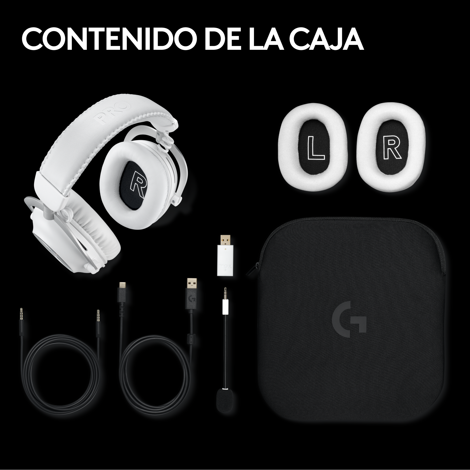 Un auricular para juegos blanco y accesorios organizados en una superficie negra, etiquetados con 'L', 'R' y una funda.