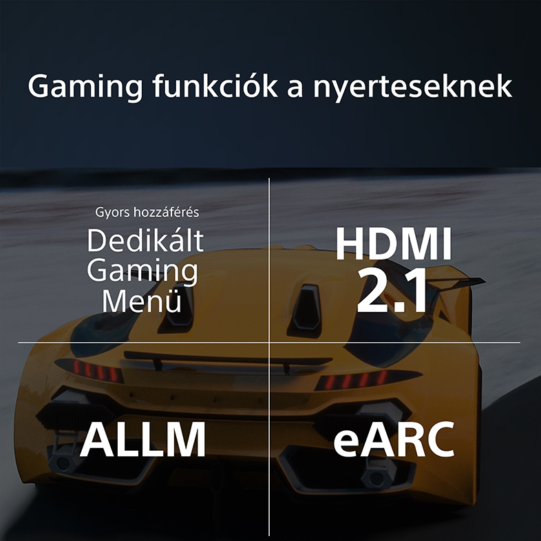 Sárga autó, játékkal kapcsolatos funkciók felirattal: Dedikált Gaming Menü, HDMI 2.1, ALLM és eARC.