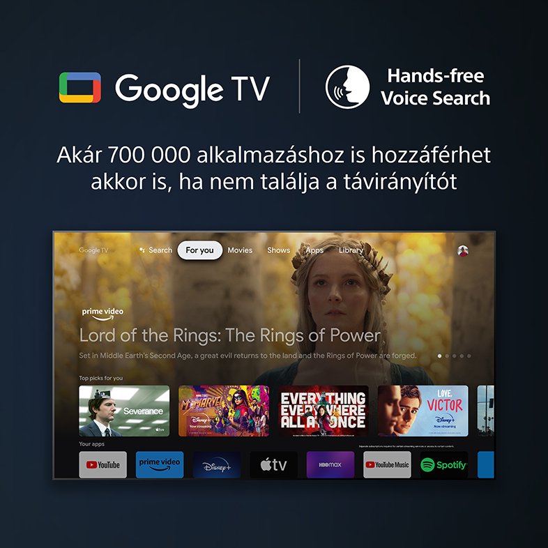 TV képernyő Google TV felülettel. A Gyűrűk Ura sorozatot és más opciókat mutatja.