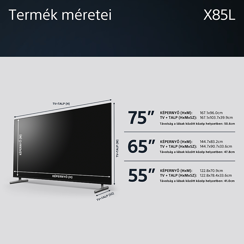 Diagram a TV méreteiről 75", 65" és 55" képernyőkhöz, magasság, szélesség és állvány méretekkel.