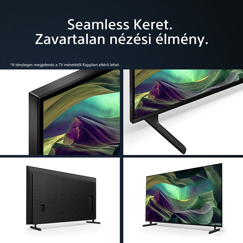 TV képernyő részletei, közelképek. Fekete keretek, fekete állvány, és egy kilátás.