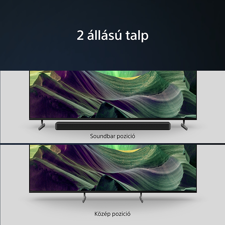Két TV különböző állvánnyal, soundbar pozícióval és a "2 állású talp" szöveggel.