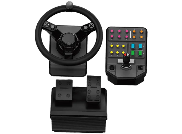 Configuration de simulateur de jeu : volant, pédales et panneau de commande.